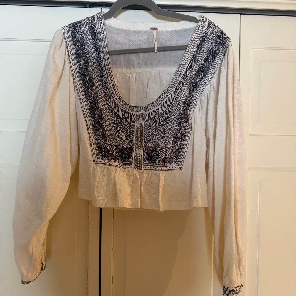 Free People Cream and Black Embroidered Blouse